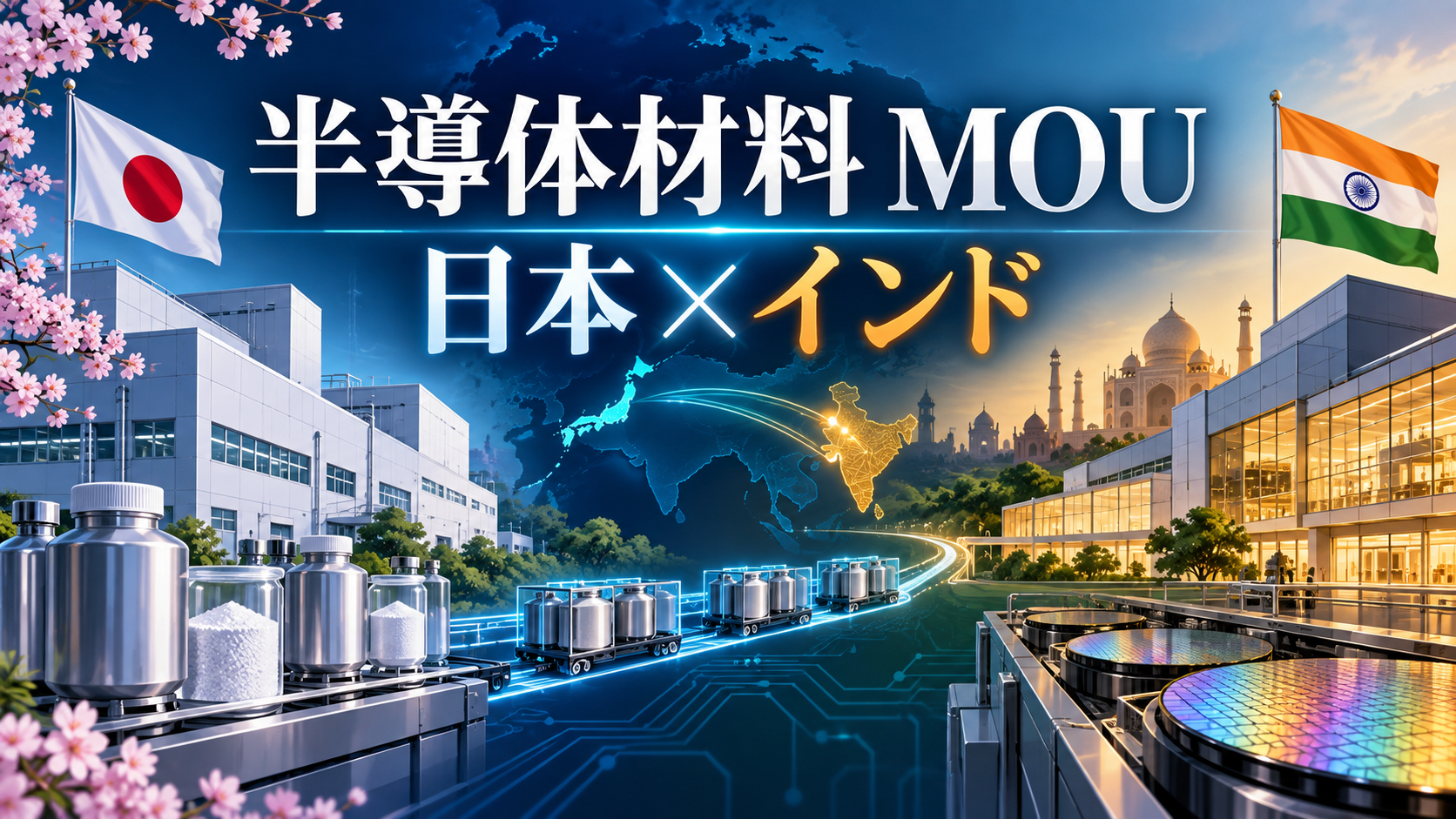 日本とインドを結ぶ半導体材料の供給網を表した文字入りアイキャッチ