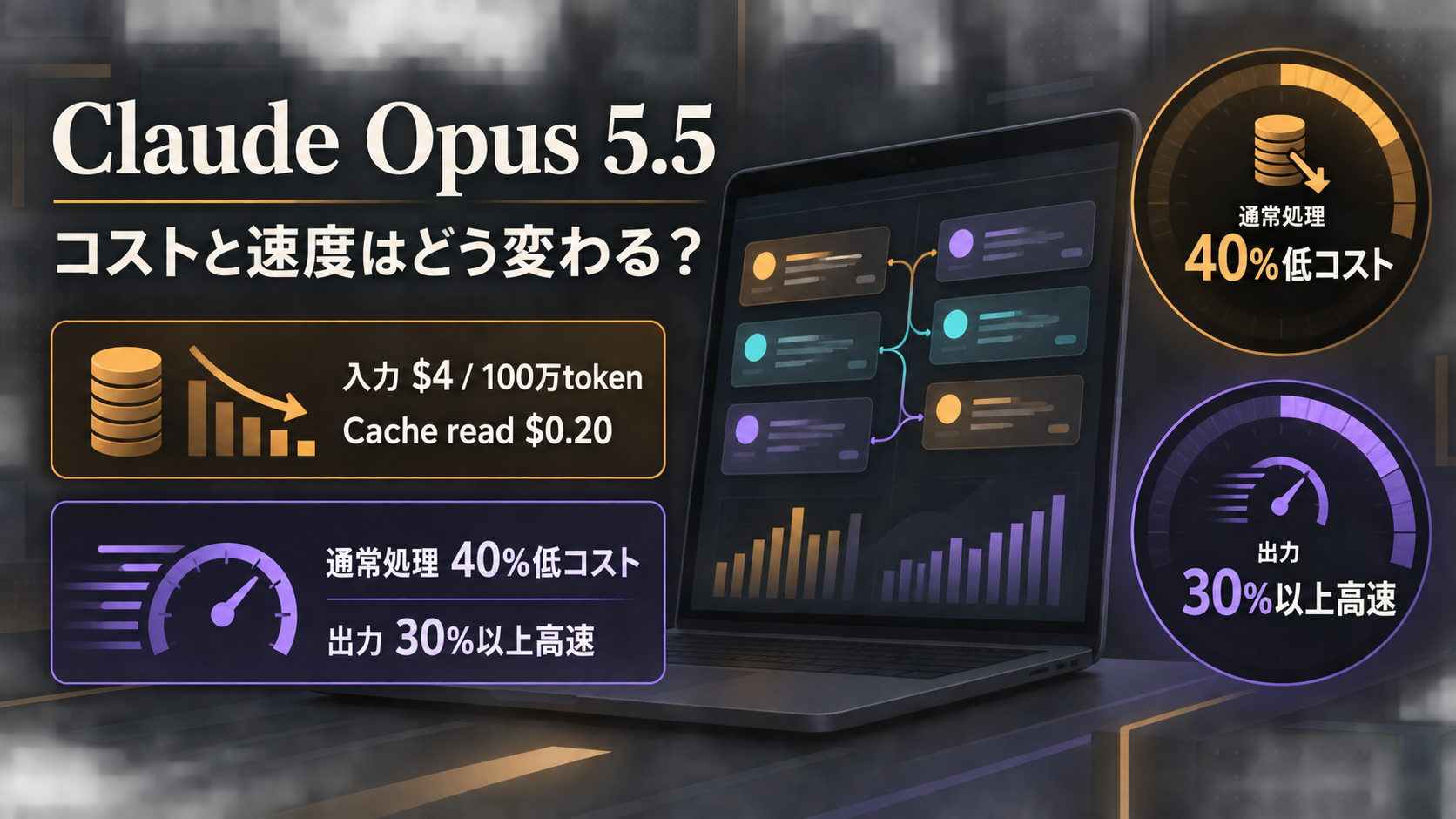 Claude Opus 5.5のAIエージェント運用で料金と速度の変化を示す日本語見出し入り編集ビジュアル