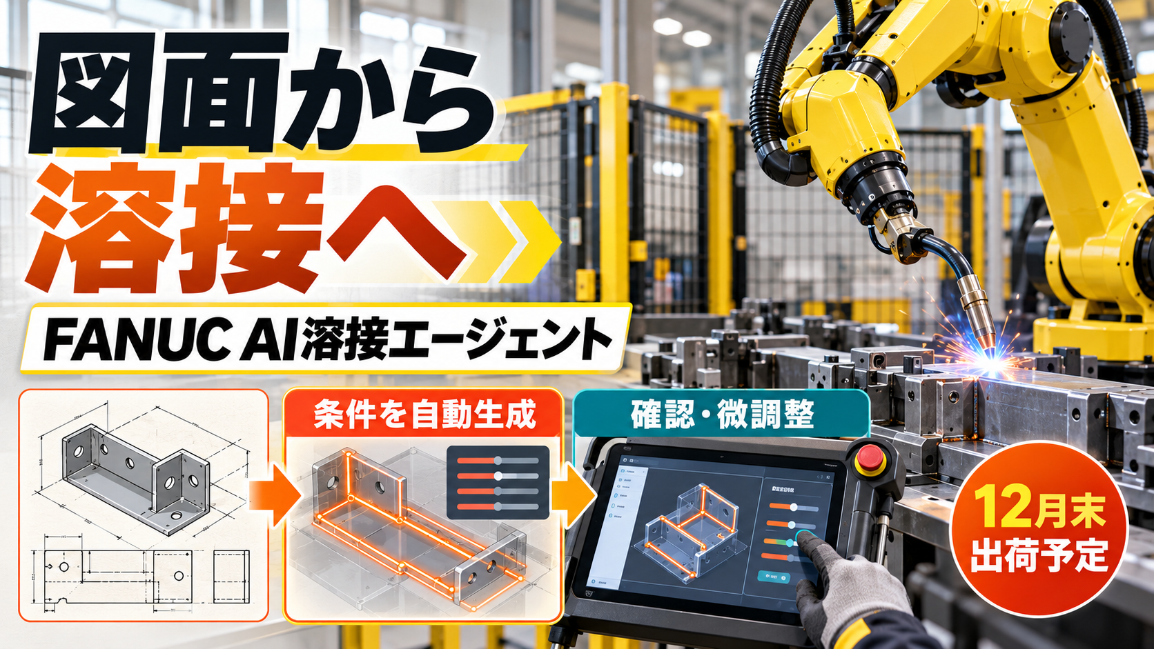 図面から溶接条件を生成するAI溶接エージェントを示す黄色い産業用ロボットのアイキャッチ