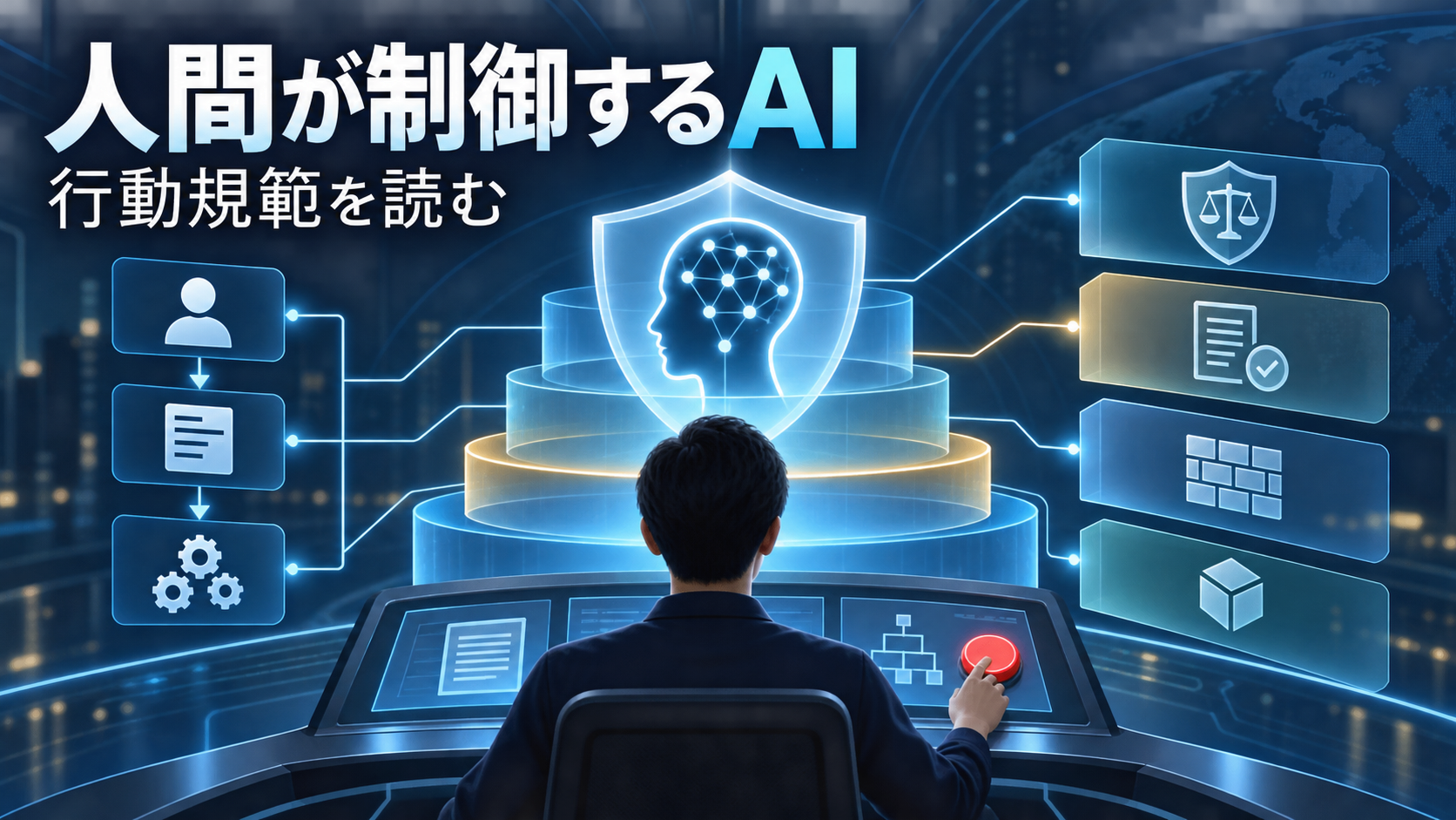 人間が制御卓からAIの行動規範と停止操作を管理する編集ビジュアル