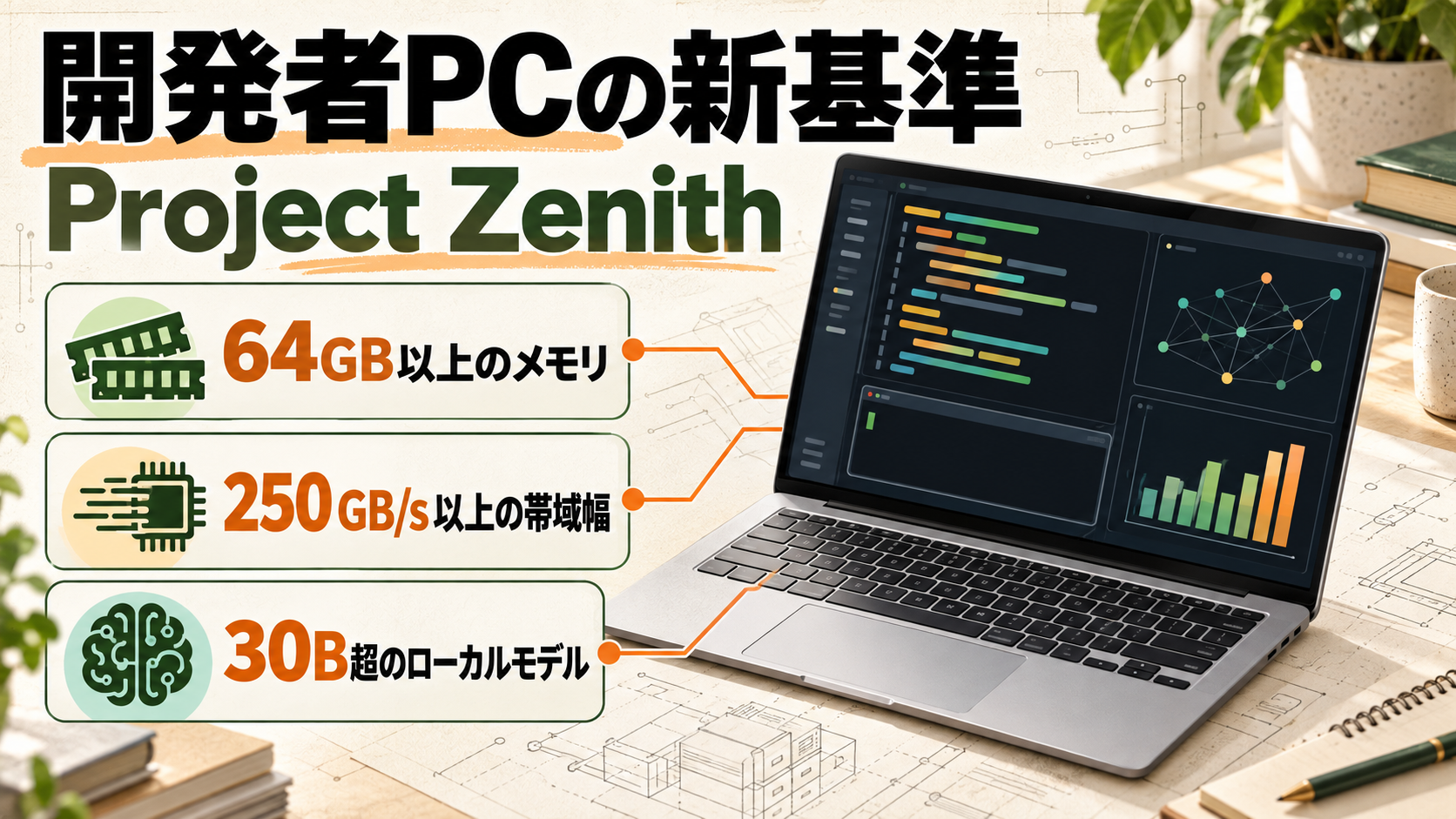 Project Zenithの開発者PC、64GB以上のメモリ、250GB/s以上の帯域幅、30B超のローカルモデルを示すアイキャッチ