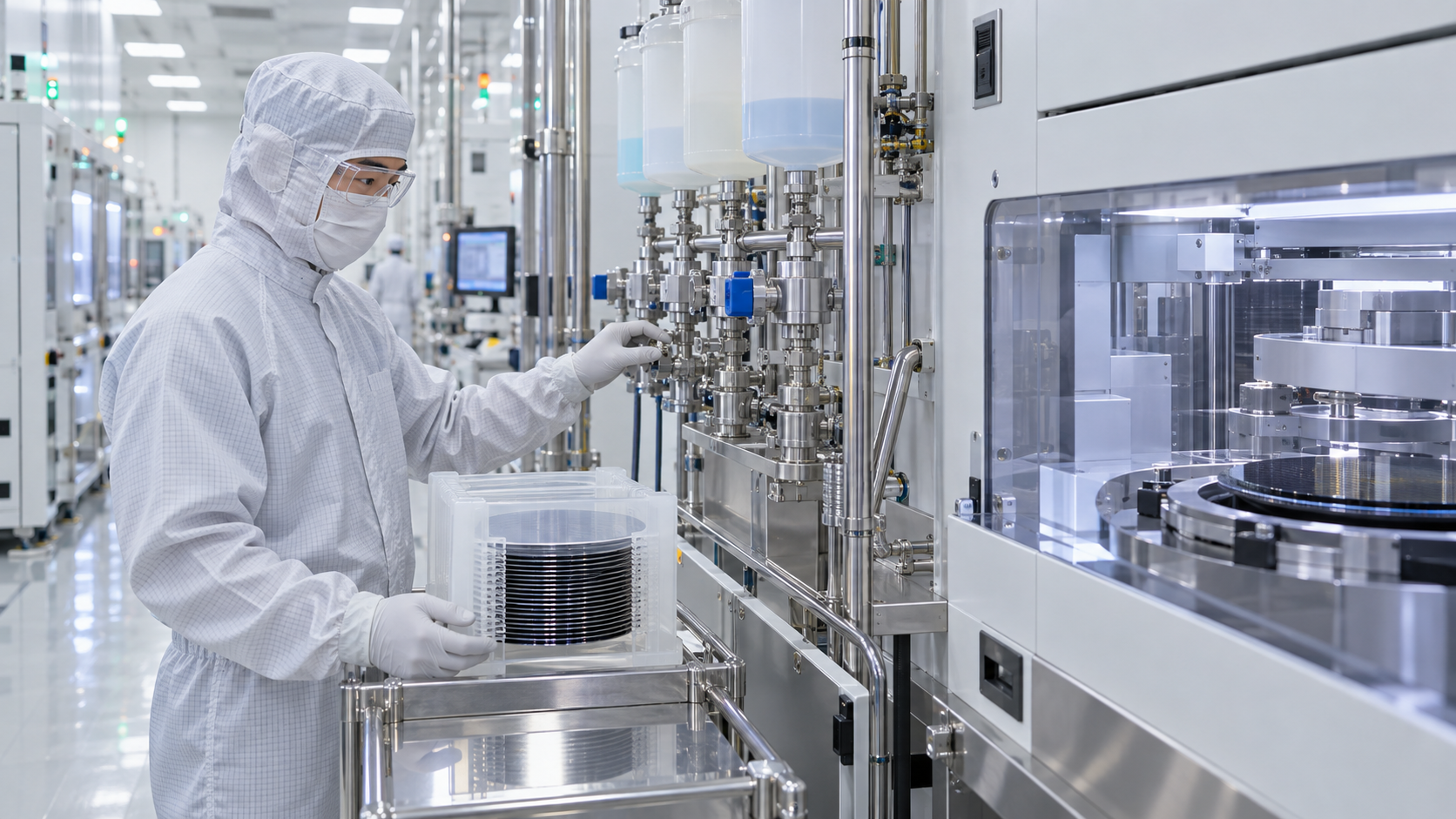 半導体クリーンルームで材料供給設備を確認する技術者