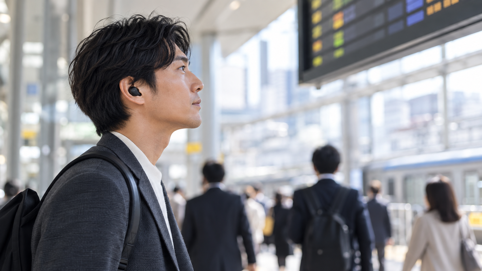 駅でワイヤレスイヤホンを使う通勤者