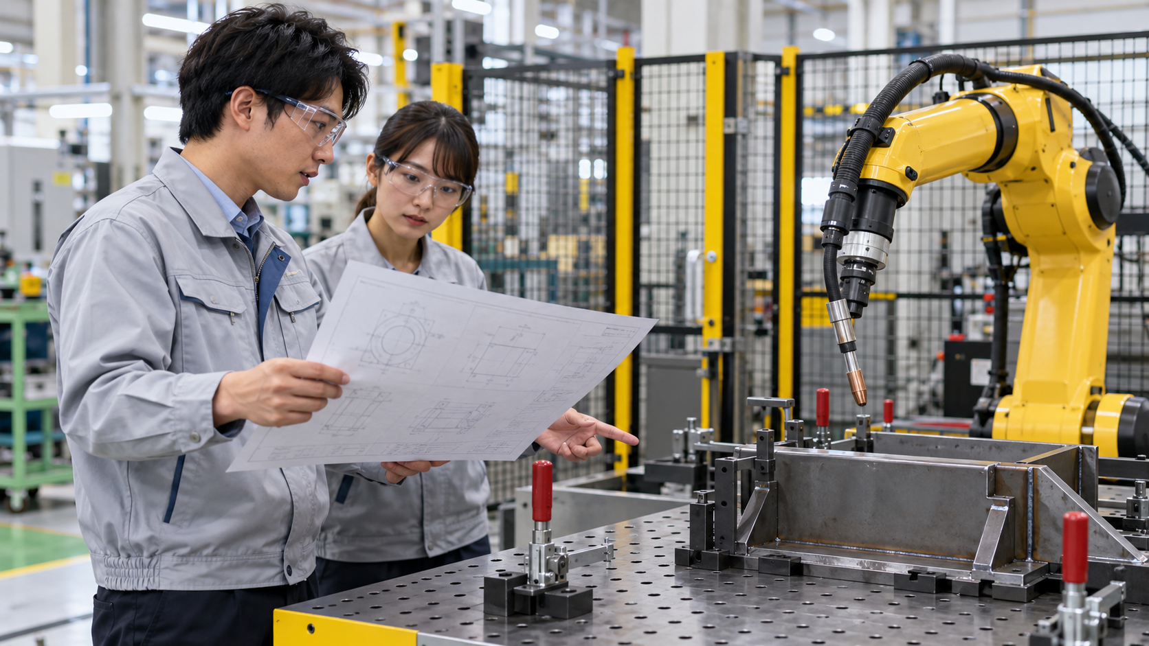 機械図面を確認しながら産業用溶接ロボットの導入を検討する工場の技術者