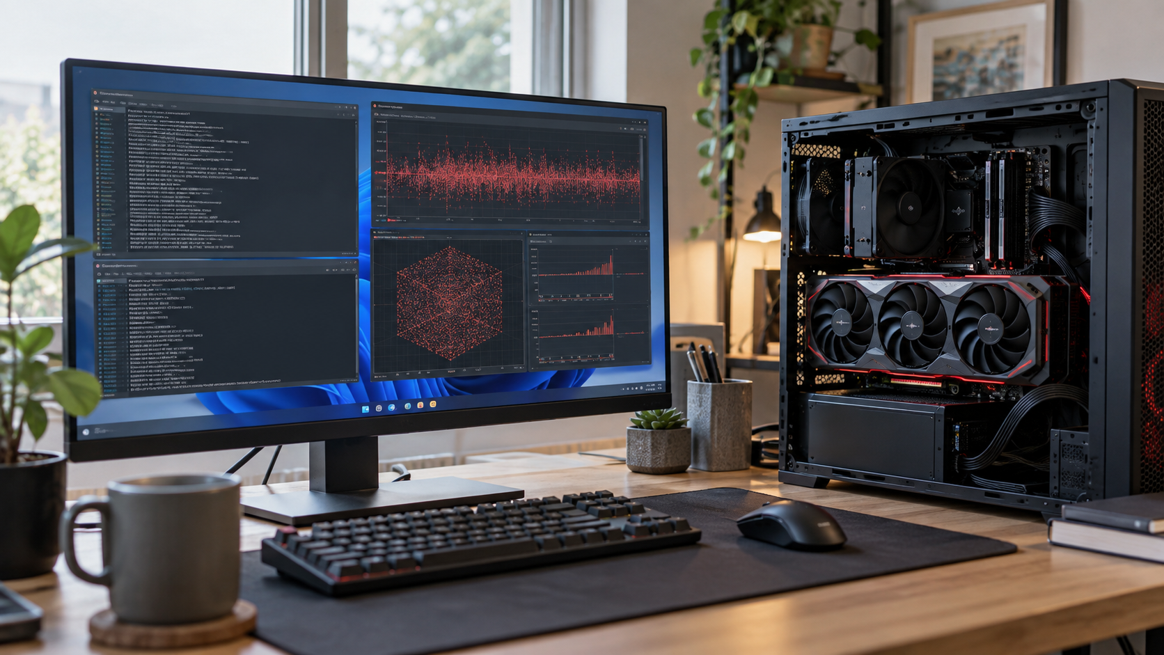 Windowsの開発画面とAMD GPUを搭載したデスクトップPC