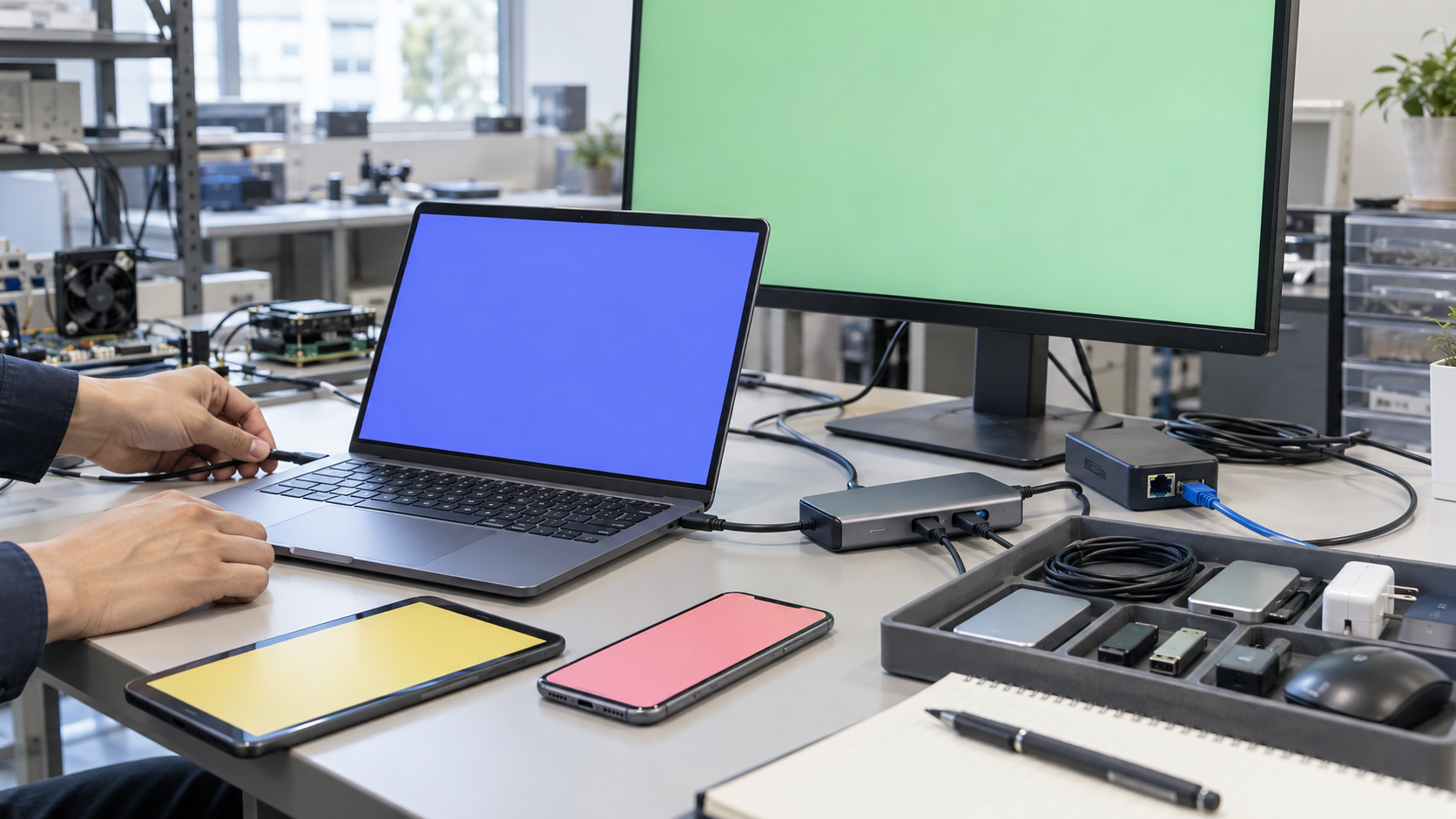 ノートPCと周辺機器を接続して互換性を検証するテスト環境