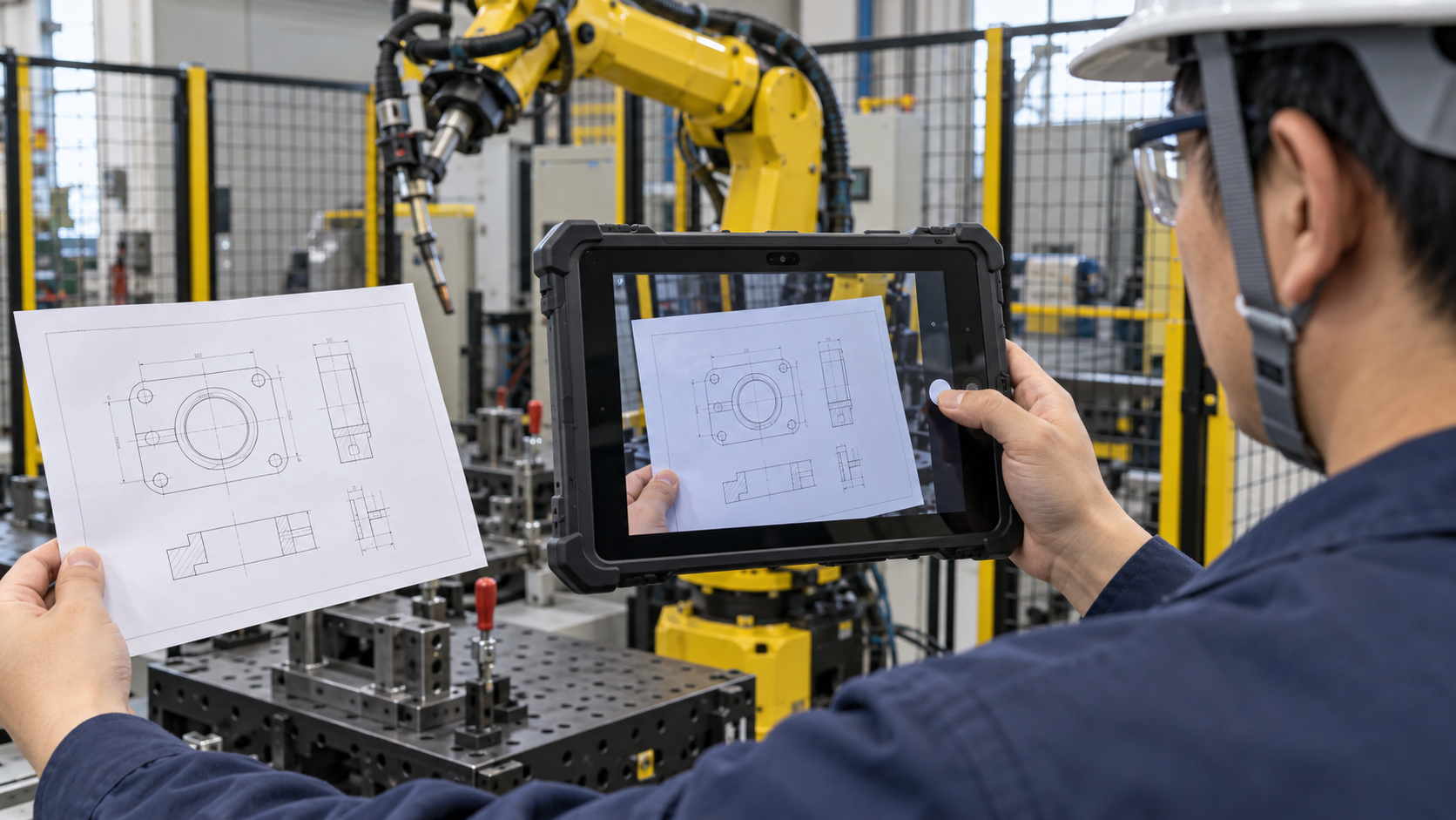 タブレット型ティーチペンダントで機械図面を読み取る製造現場の作業者