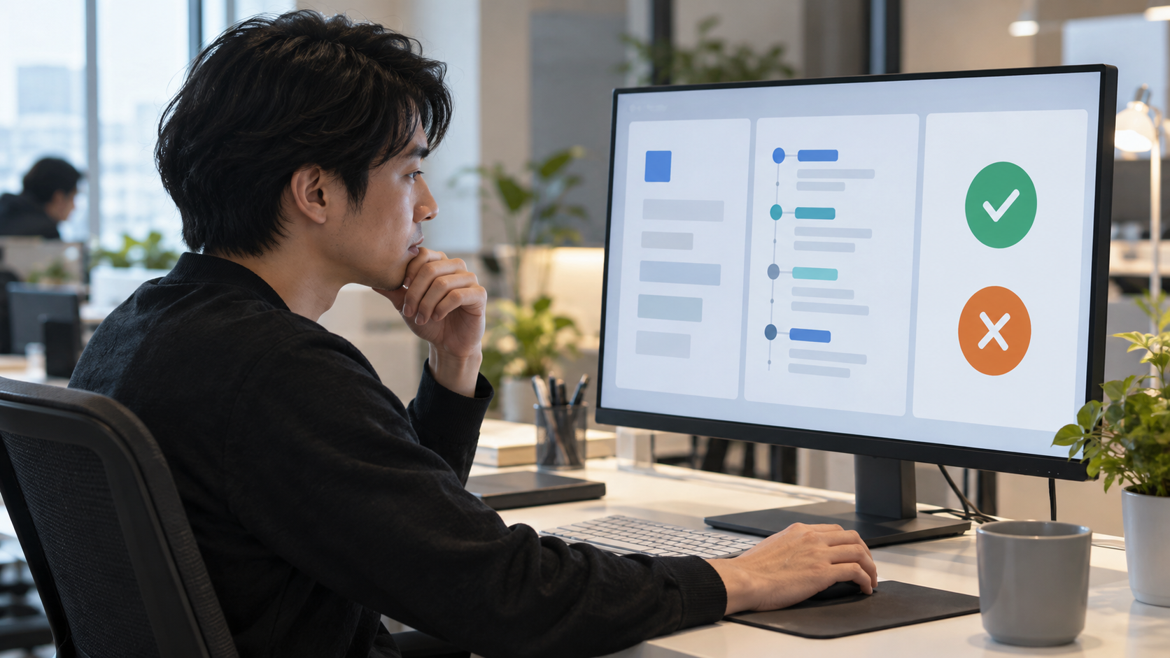 運用担当者が許可と停止を示す画面でAIエージェントの権限と実行履歴を見比べている様子