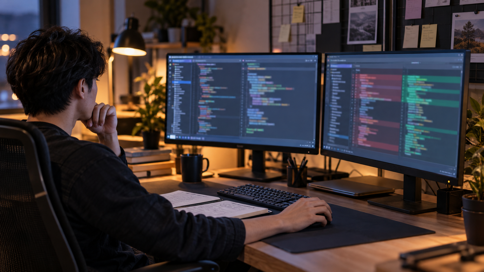 開発者が二つのモニターで複数ファイルのコードレビューを行う作業風景