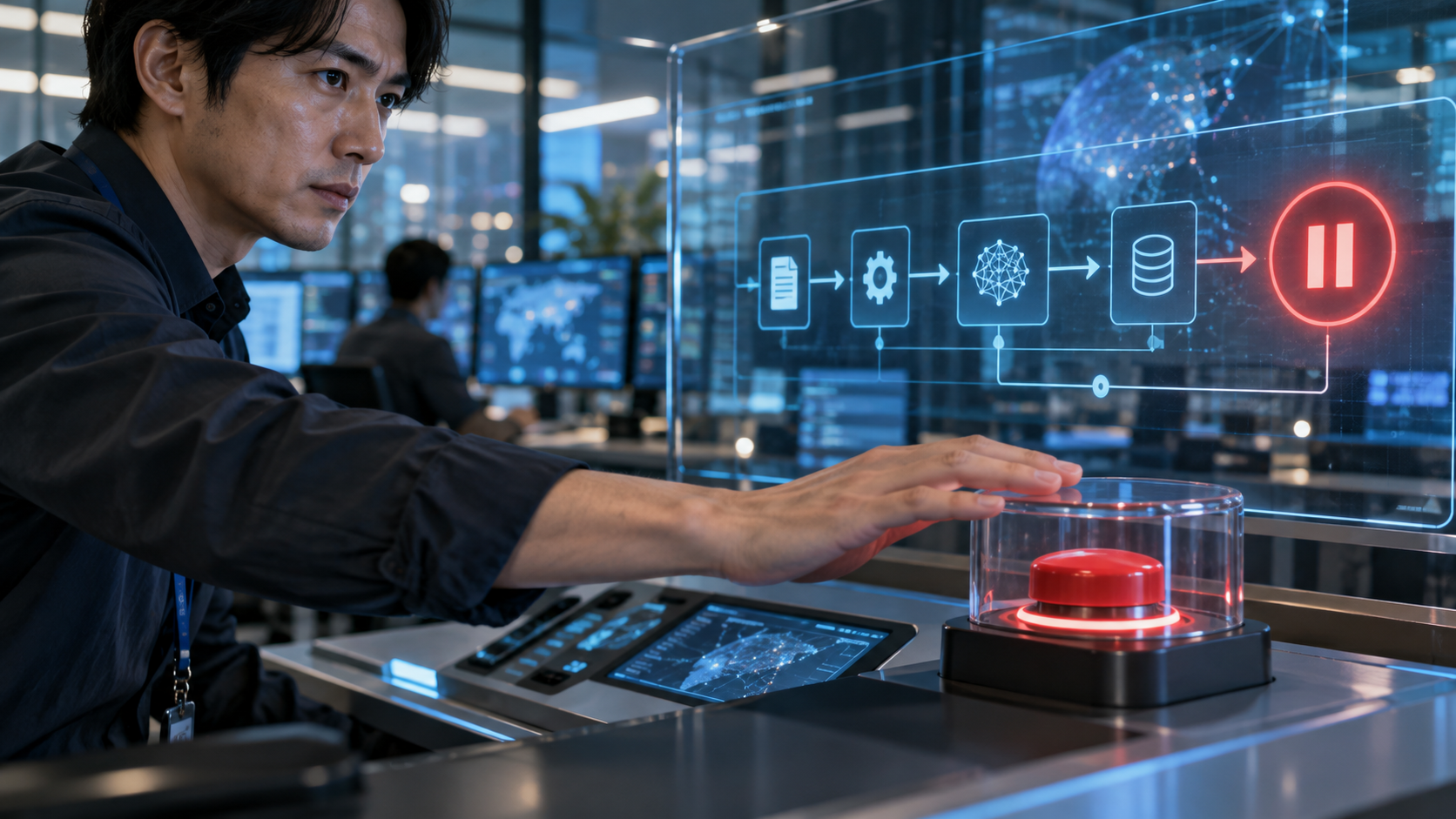 担当者がAIエージェントの処理を一時停止するための赤い停止ボタンを操作する様子