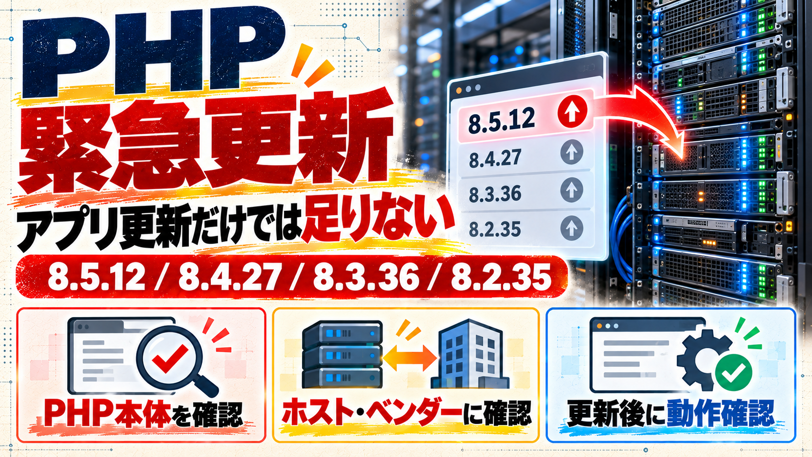 PHP緊急更新の修正版4系統とPHP本体・ホスト・動作確認の手順を示すサーバー運用図