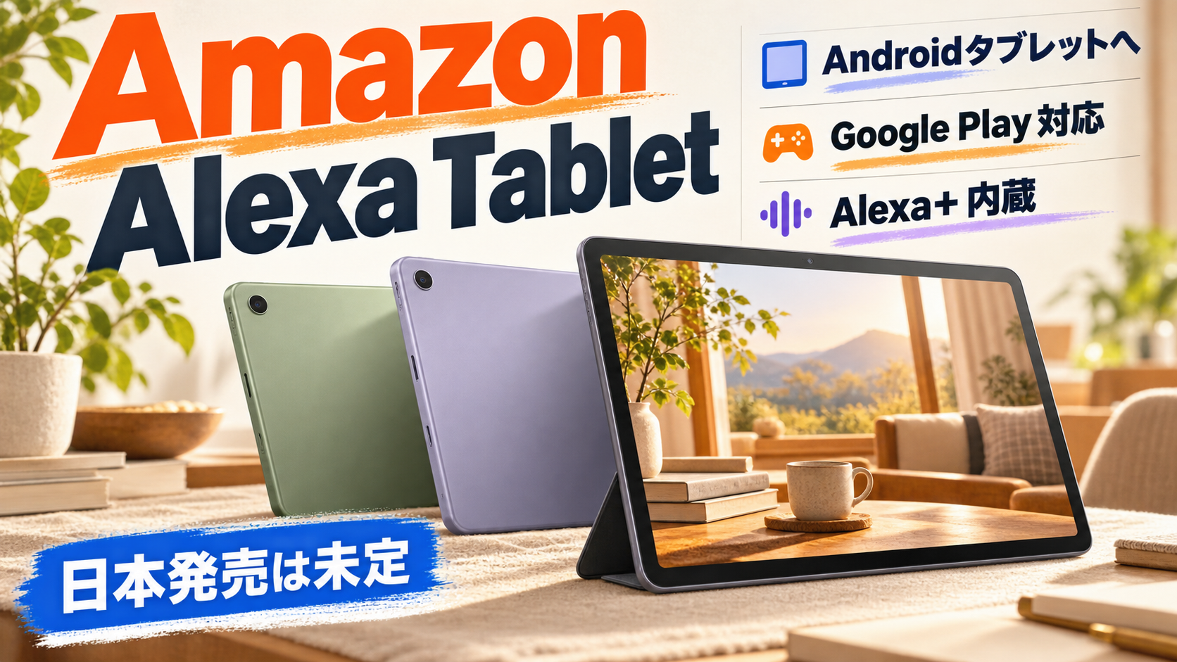 Amazon Alexa Tabletの3機種とAndroid、Google Play、Alexa+、日本発売未定を示す文字入りアイキャッチ画像