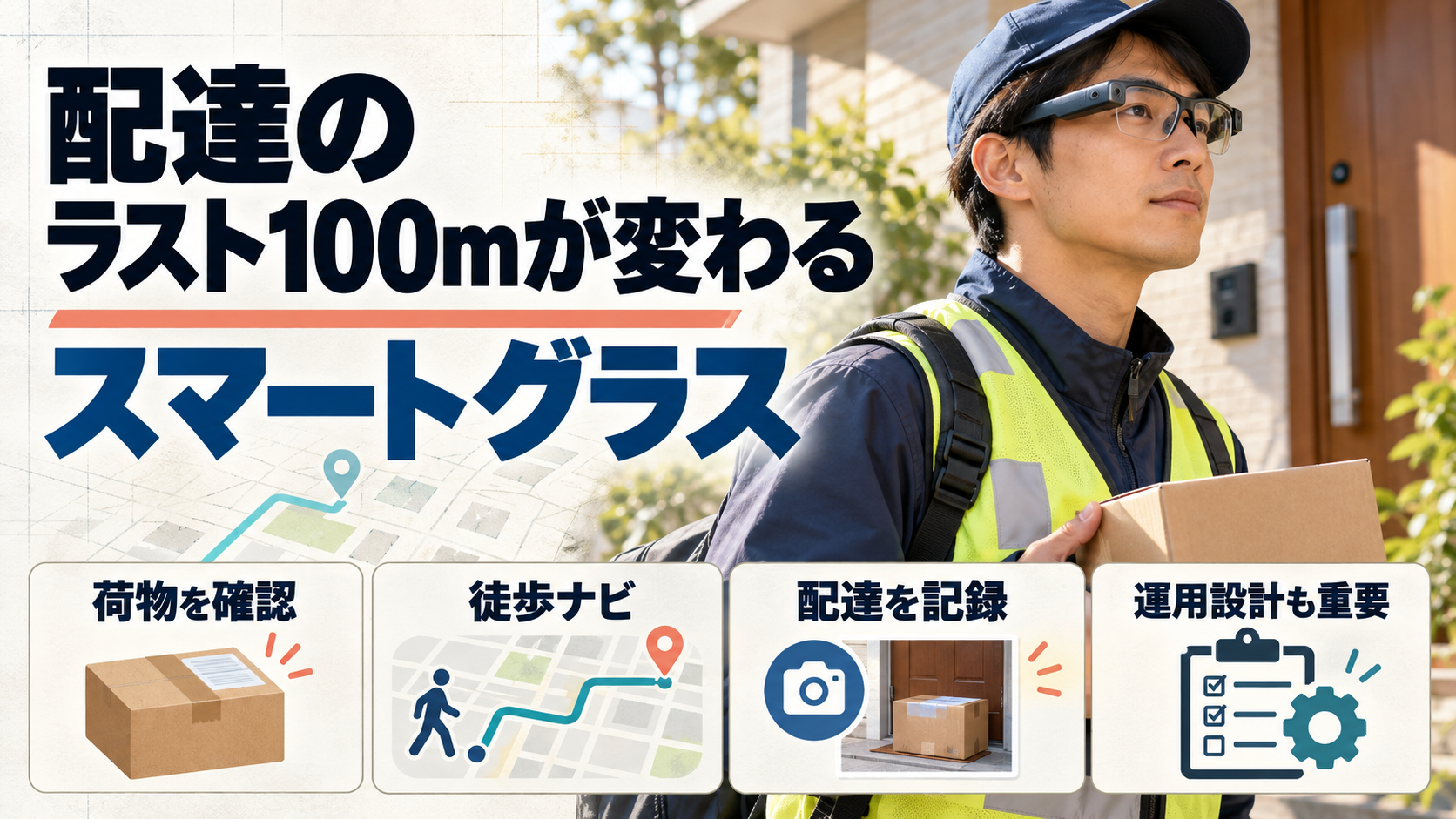 配達員向けスマートグラスでラスト100mの荷物確認、徒歩ナビ、配達記録を示すアイキャッチ