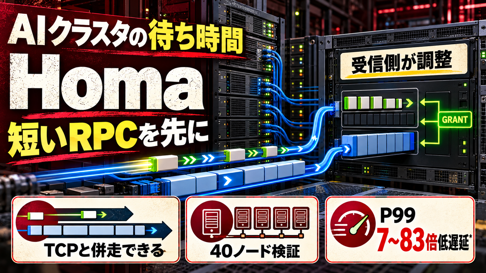 HomaがAIクラスタで短いRPCを優先し受信側が通信を調整する仕組みを示すアイキャッチ