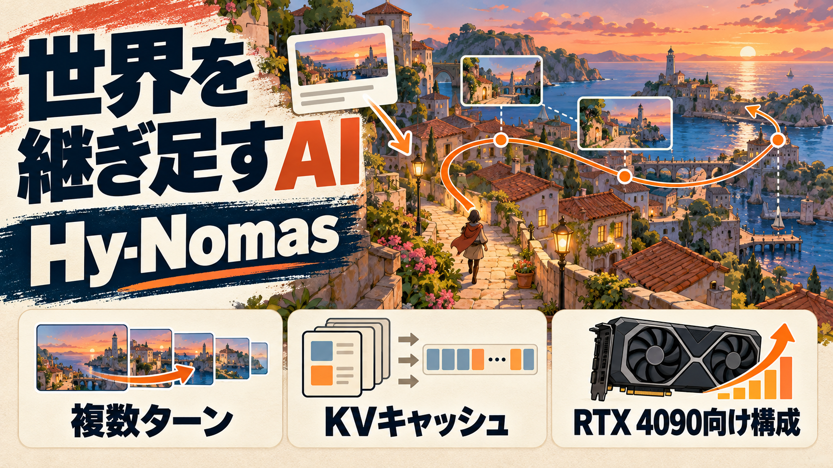 Hy-Nomasが複数ターンの指示とカメラ軌道で夕景の架空世界を継ぎ足す仕組みを、KVキャッシュとRTX 4090向け構成の情報パネルとともに示す日本語入り編集図解