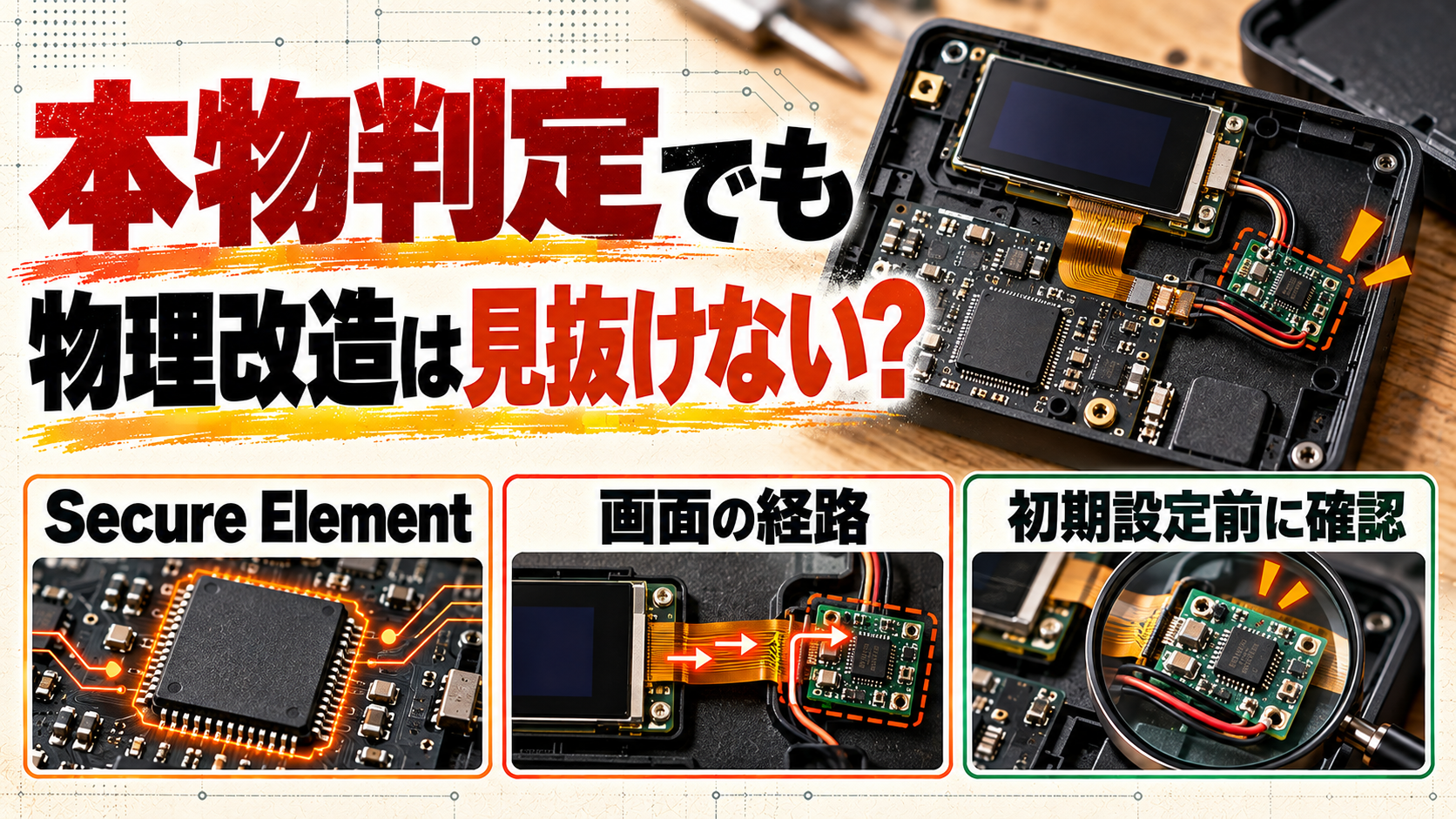 物理改造されたハードウェアウォレットで、Secure Elementと画面経路の違いを示す日本語入りセキュリティ図解