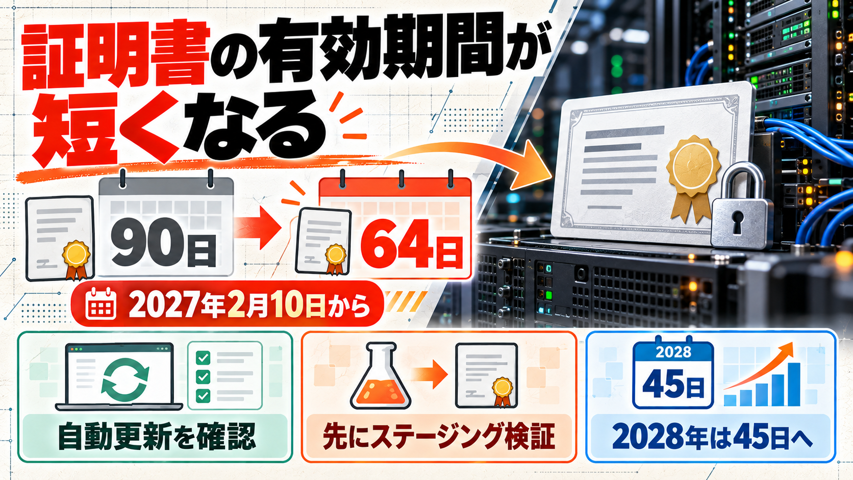 90日から64日へ短縮される証明書有効期間と自動更新・ステージング検証の要点を示す図
