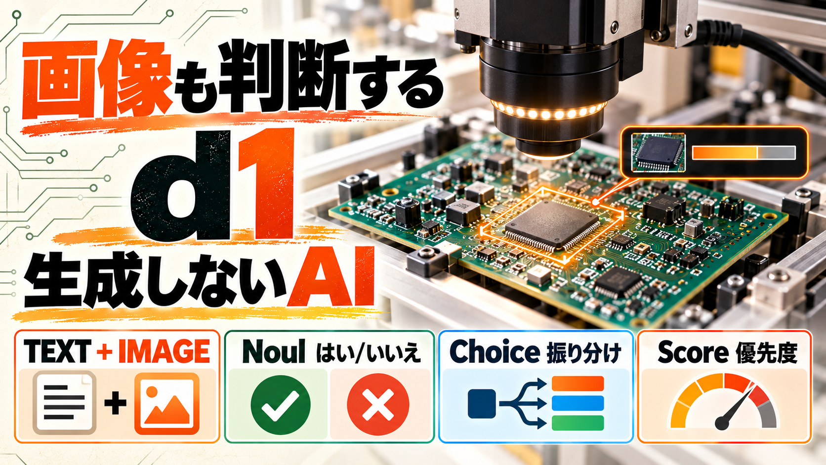 工業用カメラが回路基板を検査し、d1の画像・テキスト判断、Noul、Choice、Scoreを示すアイキャッチ