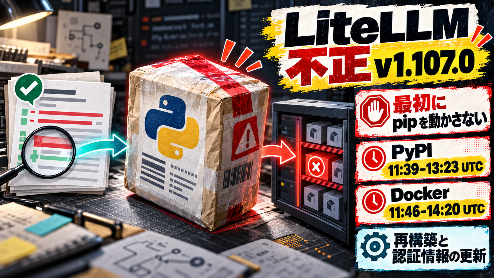 LiteLLM不正v1.107.0のPyPIとDockerの影響時間、再構築と認証情報更新を示すインシデント対応図