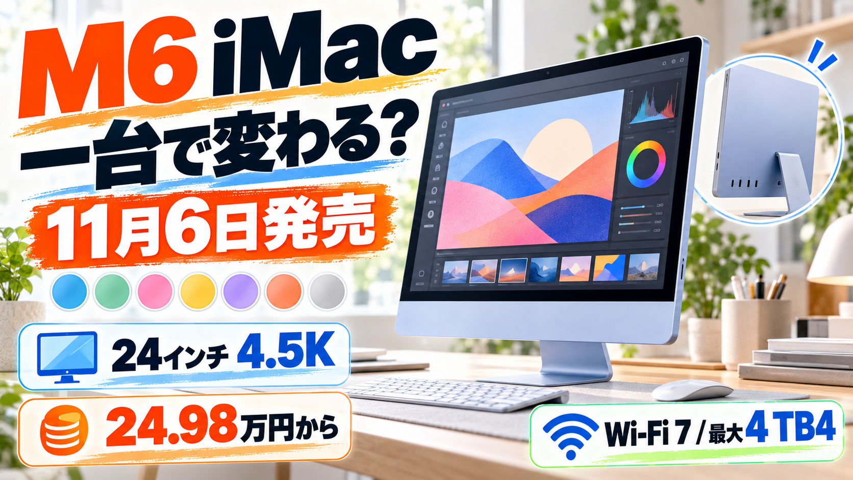 M6 iMacの11月6日発売、24インチ4.5K、24万9,800円から、Wi-Fi 7と最大4 Thunderbolt 4を示す製品編集図解