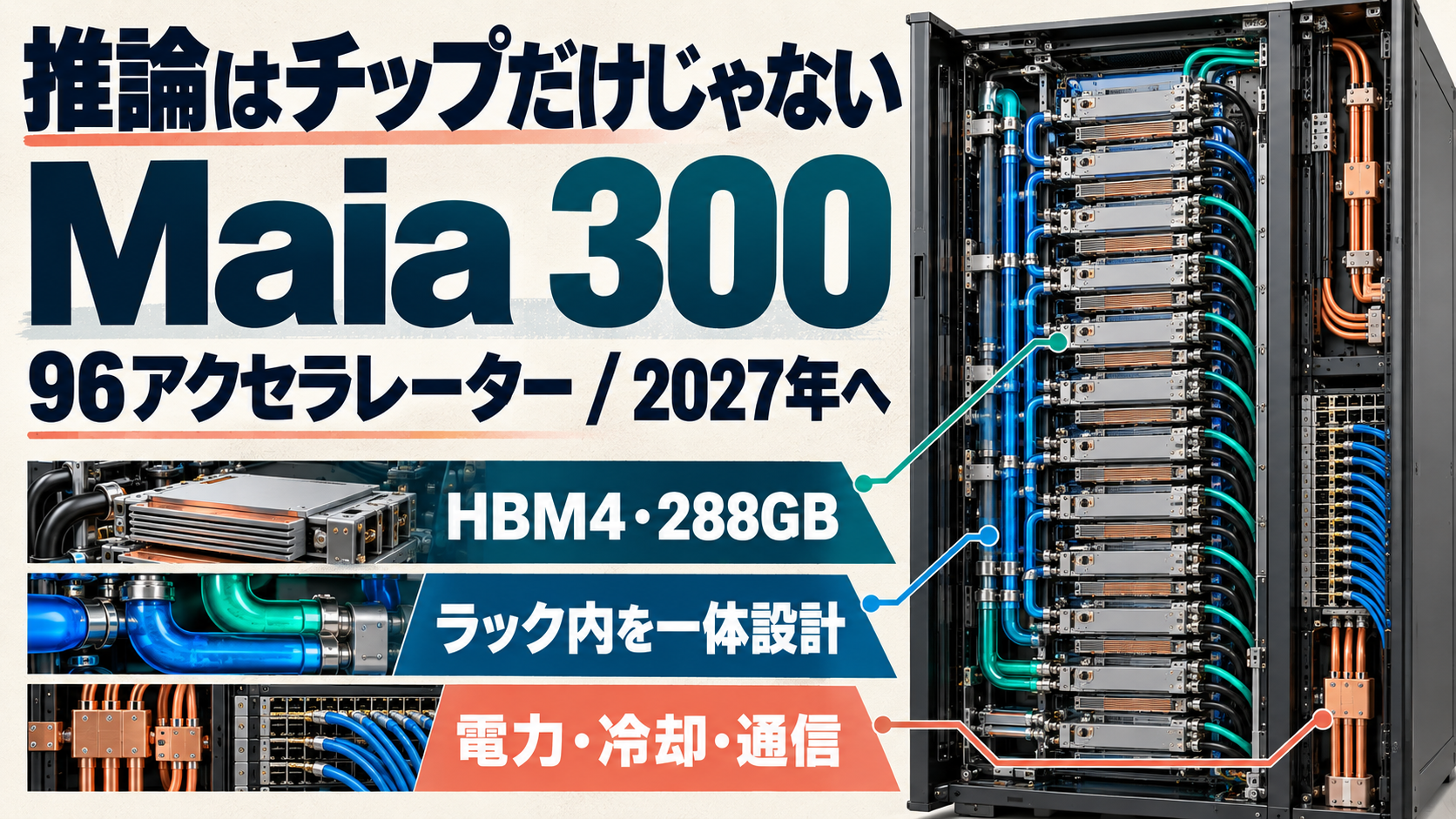 Microsoft Maia 300の96アクセラレーター、HBM4、電力・冷却・通信の一体設計を示す文字入りAI推論ラックの編集図解