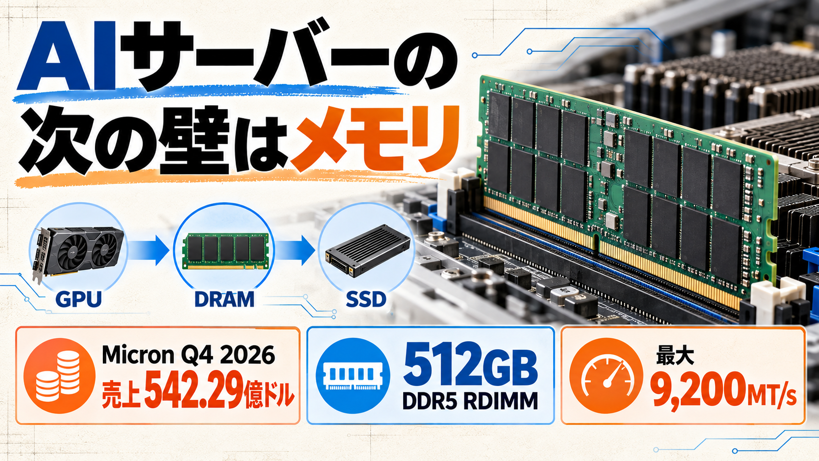 AIサーバーのメモリ容量と速度を示す512GB DDR5 RDIMMのアイキャッチ