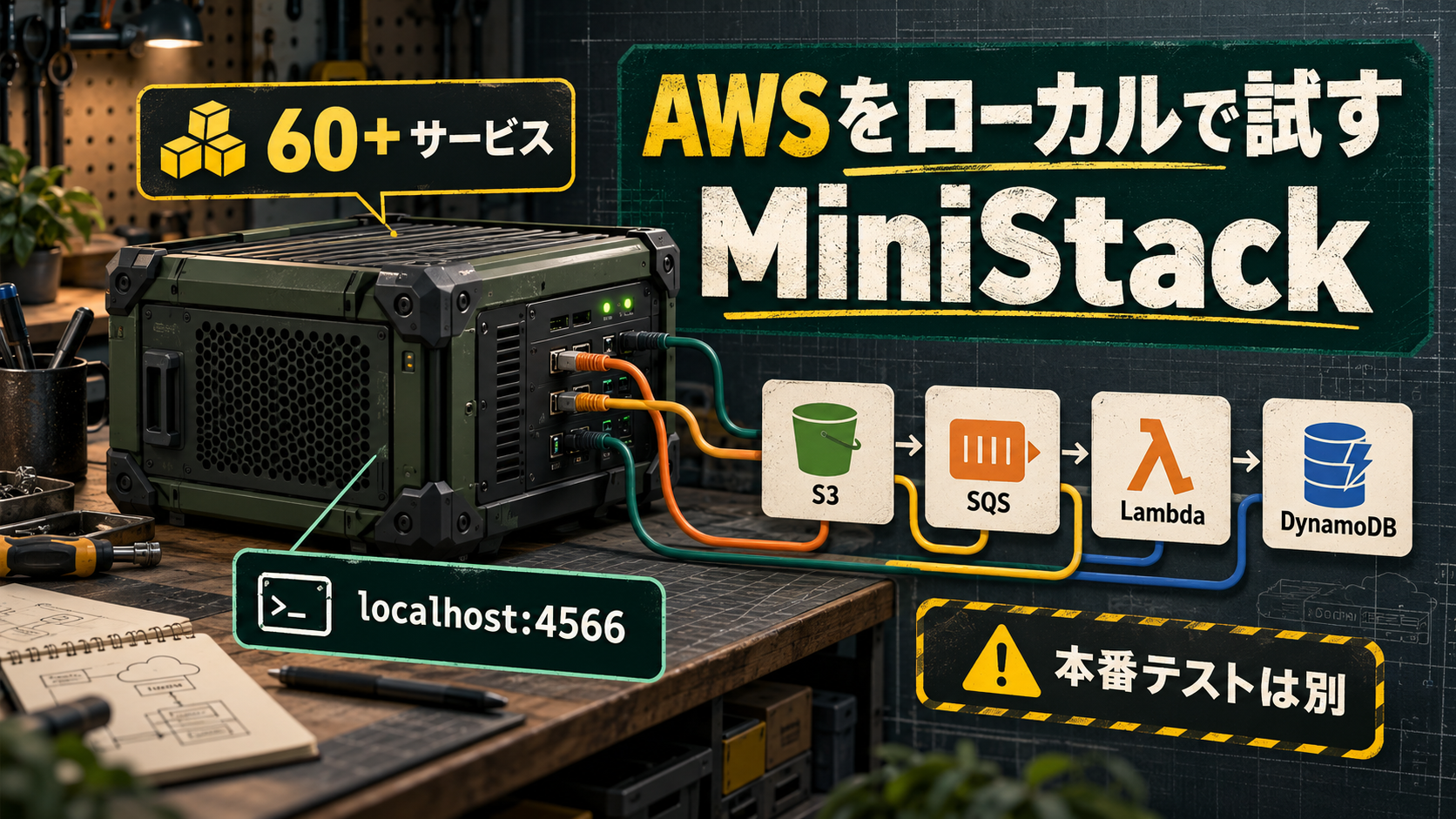 MiniStackでAWSの複数サービスをローカルの単一エンドポイントへつなぐ流れを示すアイキャッチ