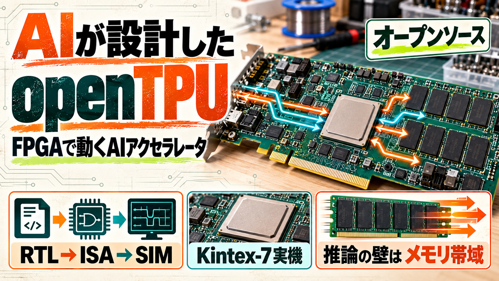 openTPUのFPGA PCIeカードとRTLから実機推論へ至る構成、DRAM帯域の関係を示す図