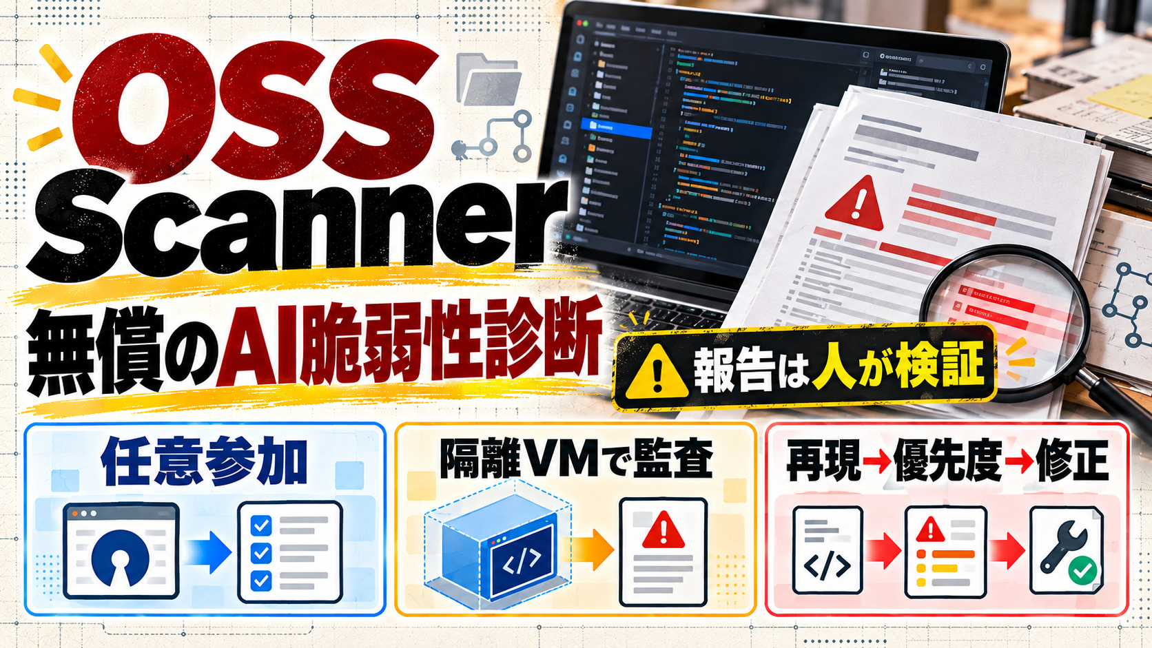 OSS ScannerのAI脆弱性レポートを保守者が検証する流れを示す文字入りアイキャッチ画像