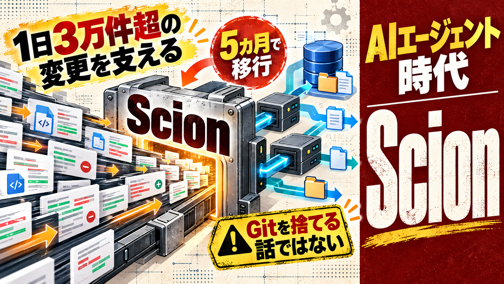 Scionが1日3万件超のコード変更をリポジトリとキャッシュへ振り分ける仕組みを示す文字入り編集図解