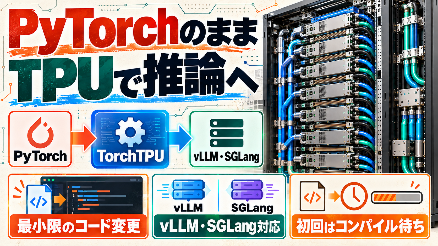 PyTorchからTorchTPUを通りTPU上のvLLMとSGLangへつながる仕組みを示す日本語入り技術図解