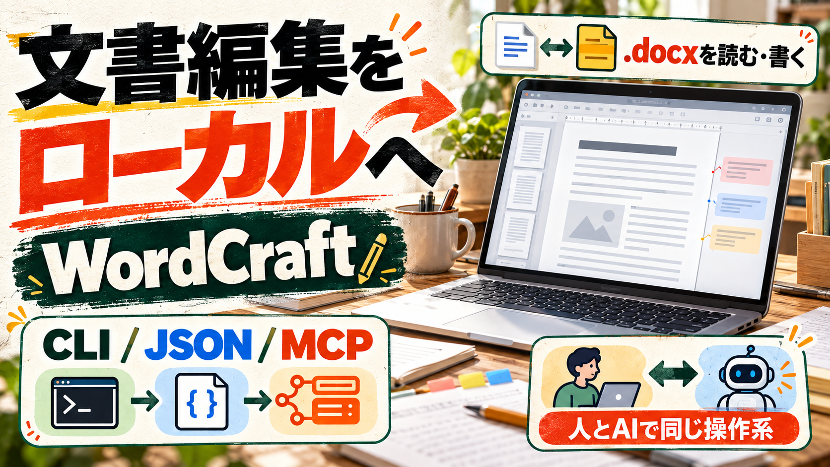 WordCraftのローカル文書編集、.docx入出力、CLI・JSON・MCPの操作系を示す日本語入り編集図解