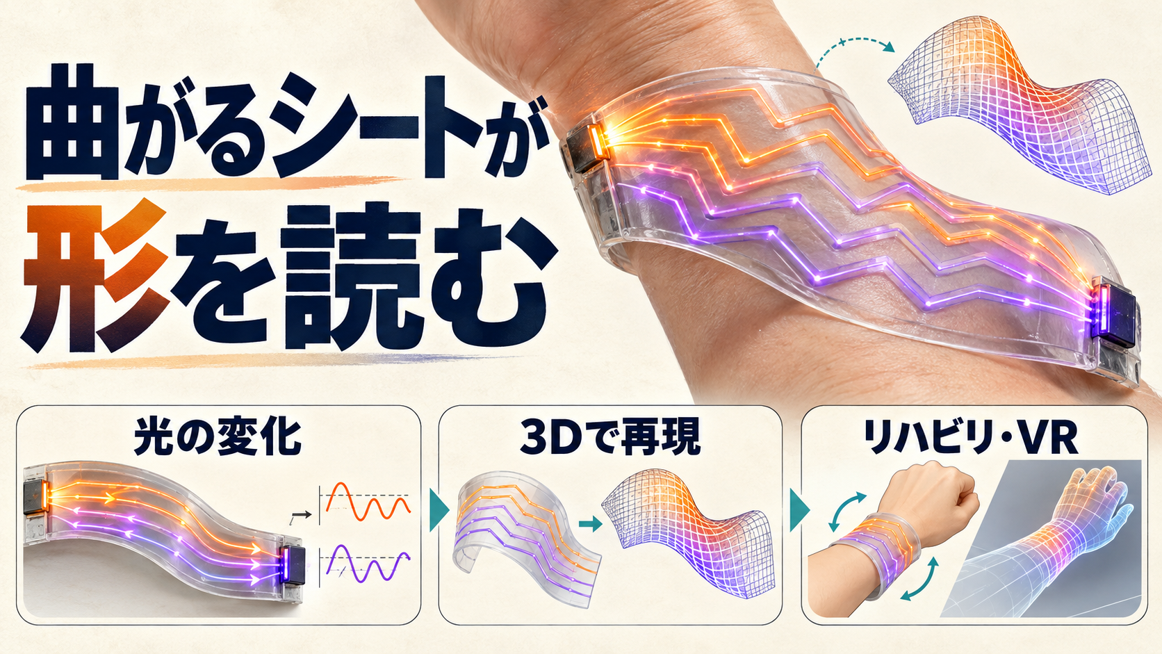 手首に巻いた柔らかい光導波路シートが曲がり方を3D形状として再現する図解