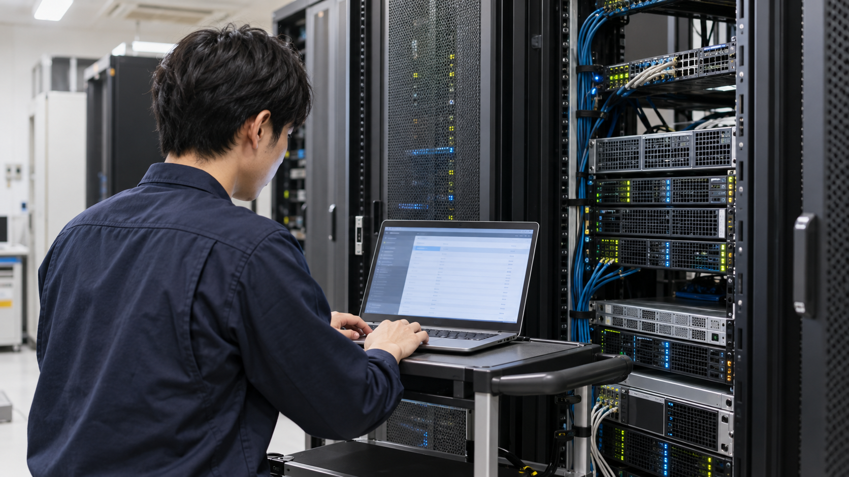 サーバーラックの前でノートPCからPHP実行環境の情報を確認する運用担当者