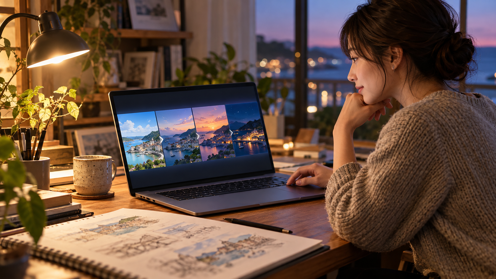 自宅の机でクリエイターがノートPCに表示された架空の港町の連続フレームを確認している様子