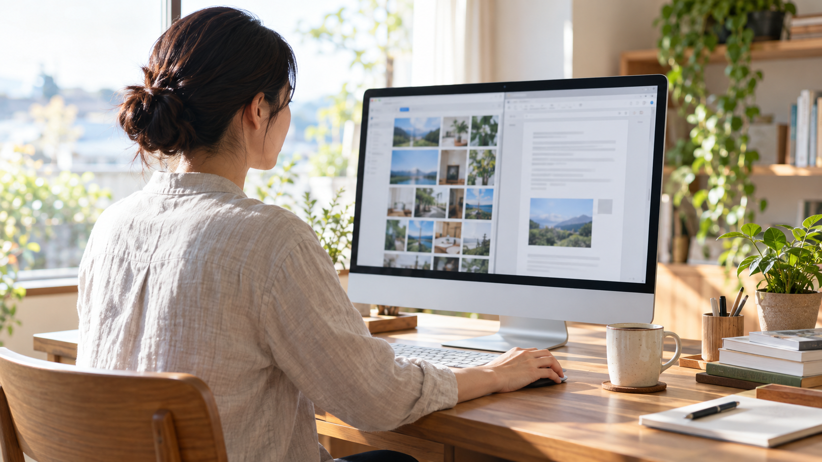 明るいホームオフィスで一体型デスクトップを使い、写真と書類を同時に扱う利用者