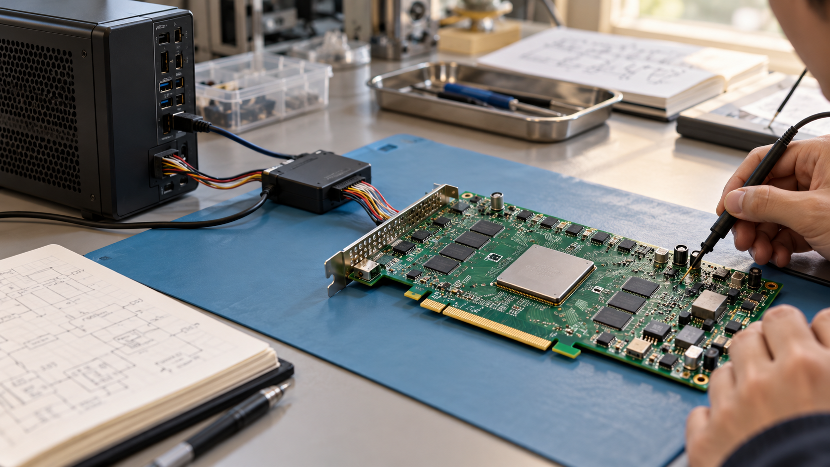 作業台に置いたFPGA PCIeカードとAIアクセラレーターの開発環境
