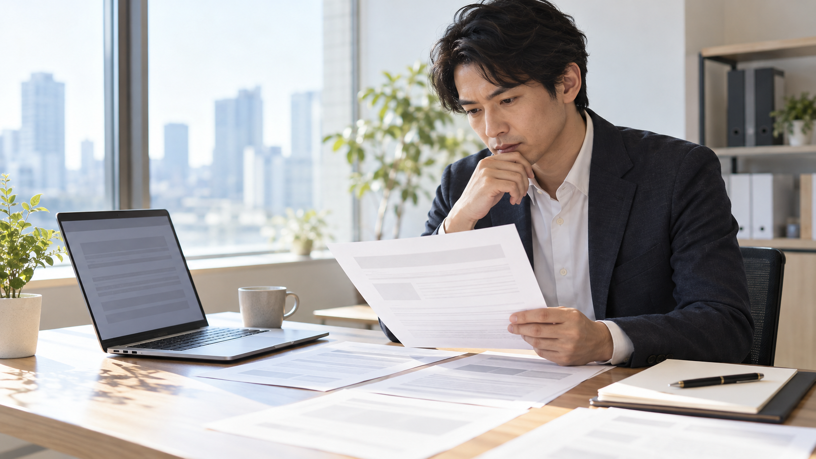 明るいオフィスで男性の技術アナリストがノートパソコンと印刷した公開書類を見比べている様子