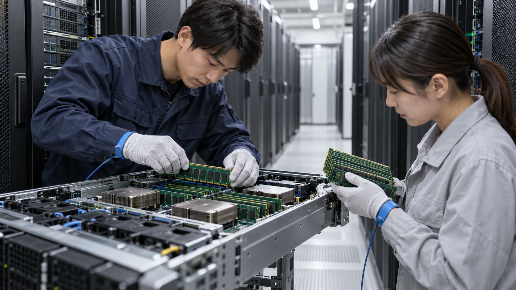 データセンターでサーバーメモリモジュールを取り付ける技術者