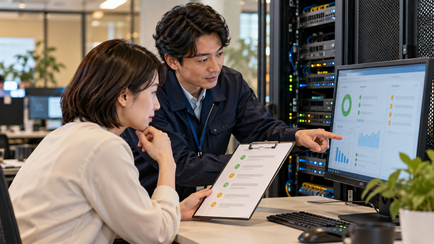 サーバーラックの前で運用担当者とホスティング支援担当者が更新責任を確認する様子