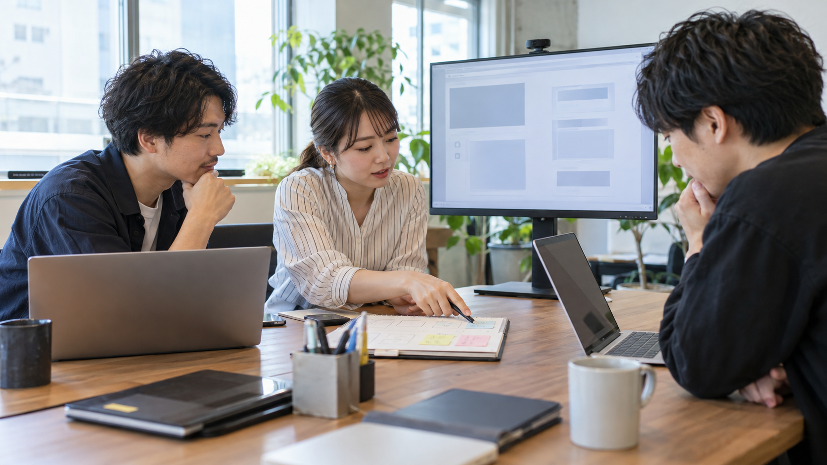 明るい会議室で三人のソフトウェアチームがノートパソコンと無文字の画面を前にAIサービスの業務利用を話し合っている様子