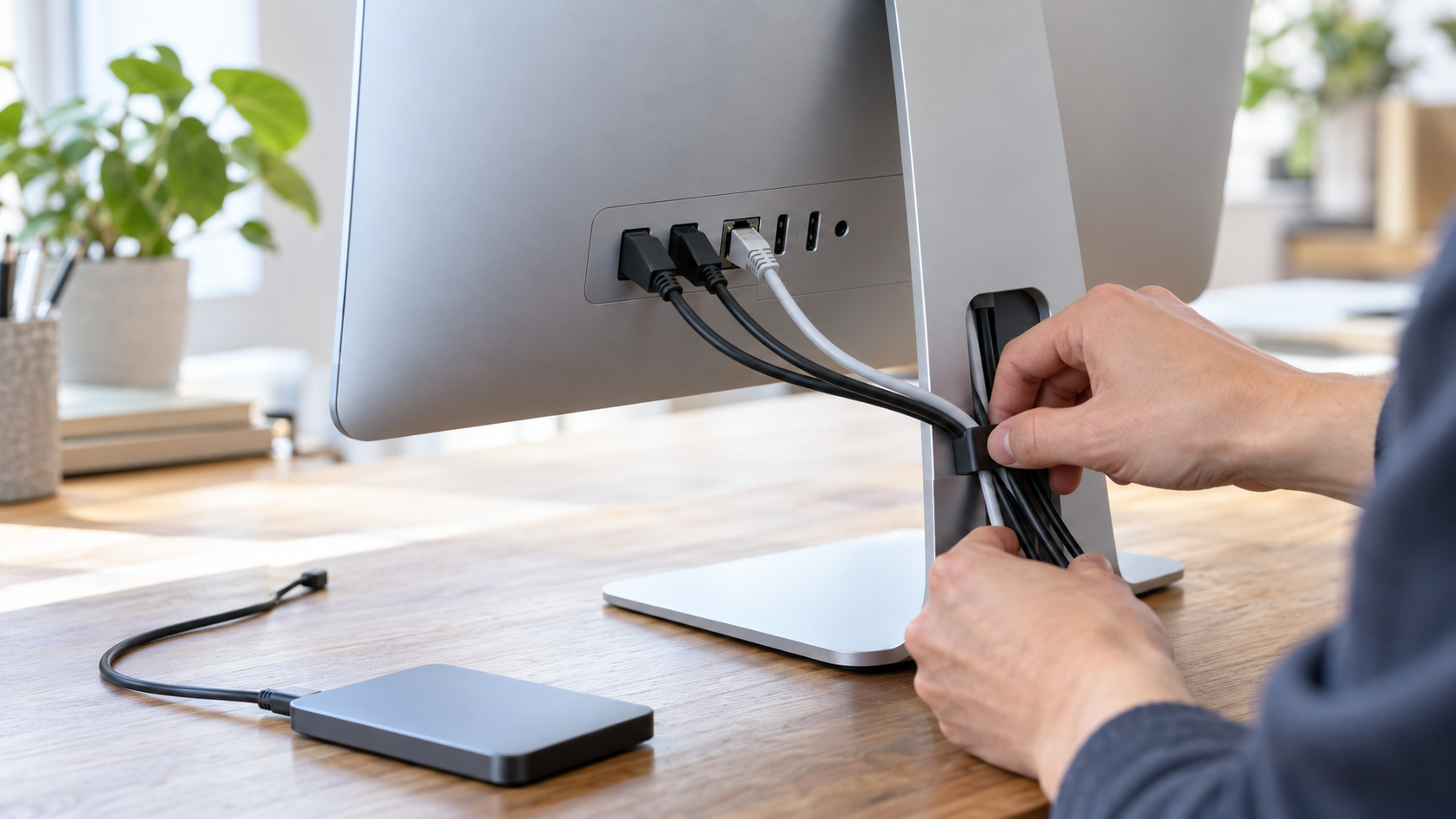 一体型デスクトップの背面でUSB-C、Ethernet、外部ストレージのケーブルを整理する手元