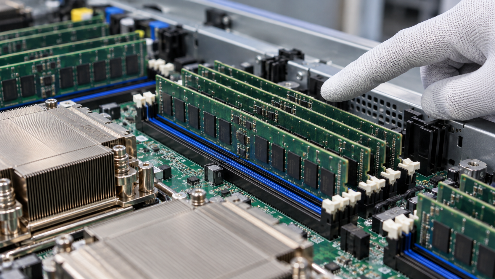 サーバー基板に搭載されたDDR5 RDIMMメモリモジュール
