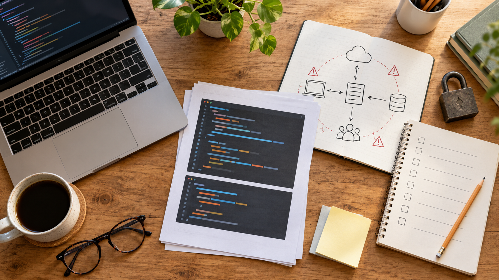 Dockerfileと脅威モデル、連絡先を準備する開発用デスクの俯瞰