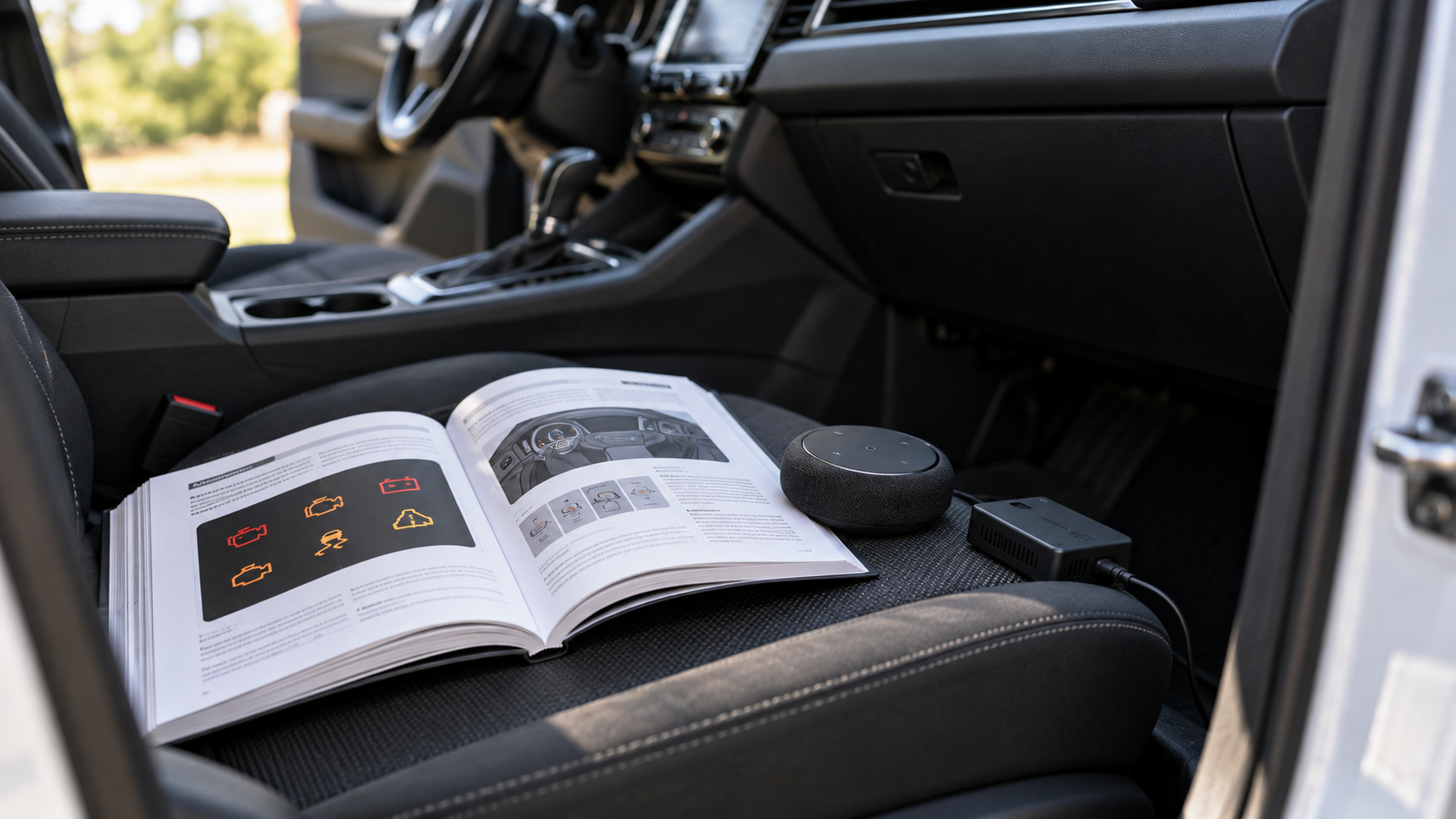 駐車中の車の助手席に置かれた取扱説明書と小型ローカルコンピューター、音声用スピーカー