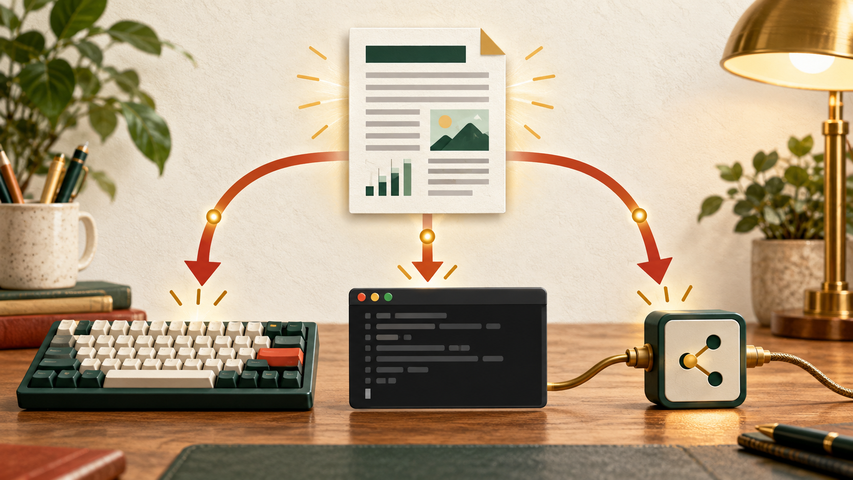一つの文書操作をキーボード、CLI、外部接続へ分けて扱う無文字の概念図