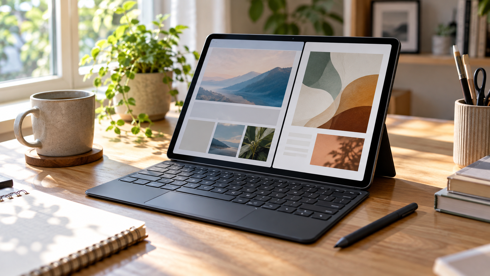 キーボードとペンを組み合わせて作業する大画面タブレットのデスク環境