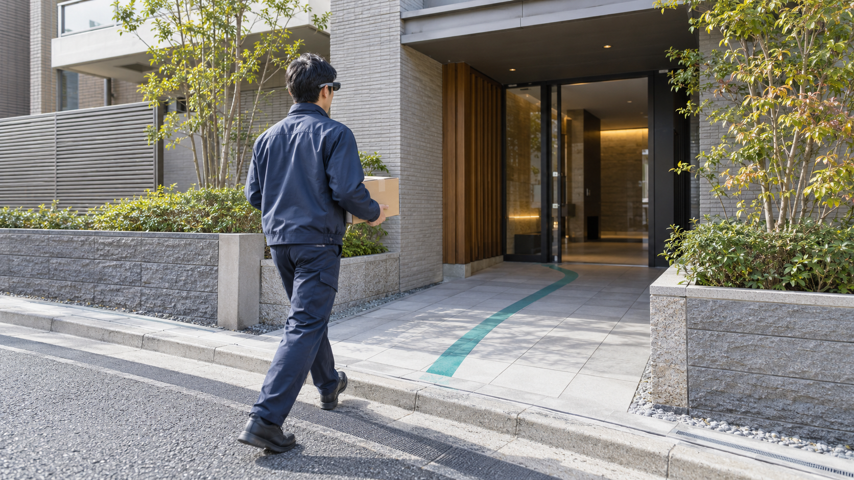 スマートグラスを装着した配達員が建物入口へ荷物を運ぶ様子