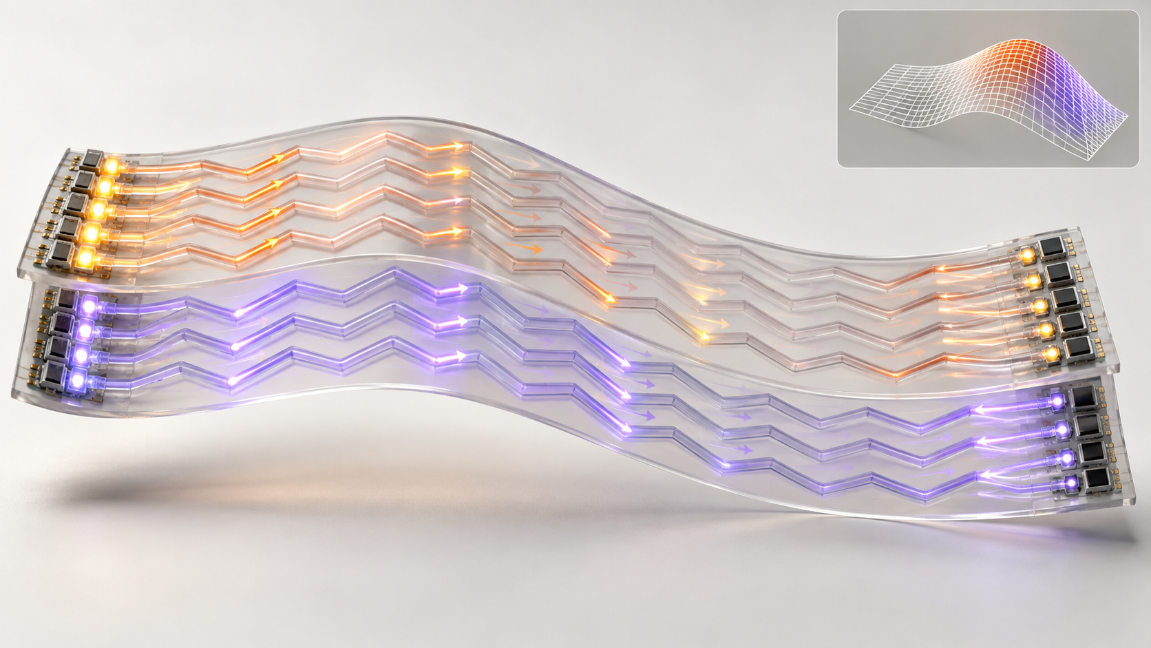 ジグザグ状の光導波路とLED・受光部を内蔵した柔らかいセンサーシートの仕組み図