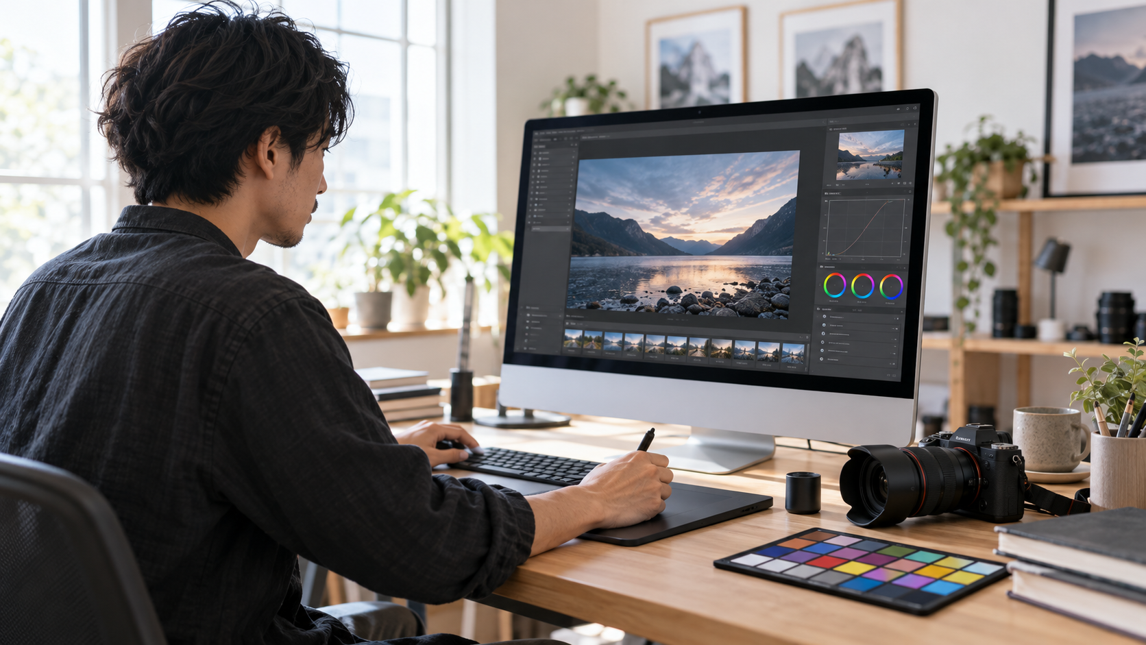カメラとカラーチャートを机に置き、一体型デスクトップで写真の色調整をするクリエイター